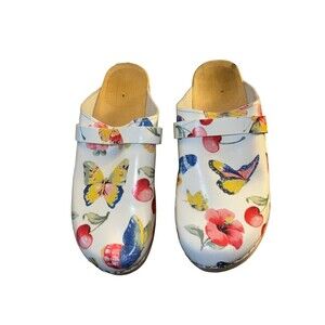 Swedish EU 40 White Butterfly Cherry Leather Molded Footbed Slip-On Clogs